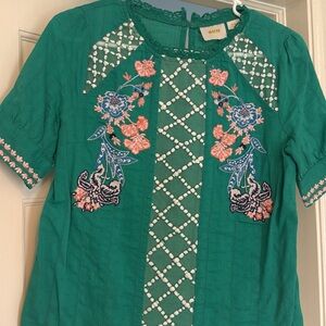 Maeve Teal Green Embroidered Lattice Short-Sleeve Blouse